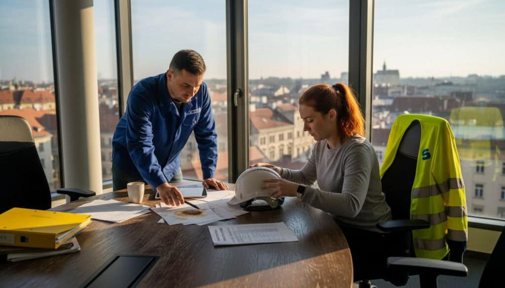 V kancelárii si zamestnanci prechádzajú bezpečnostné zoznamy a dávajú pozor, aby všetko bolo v poriadku.