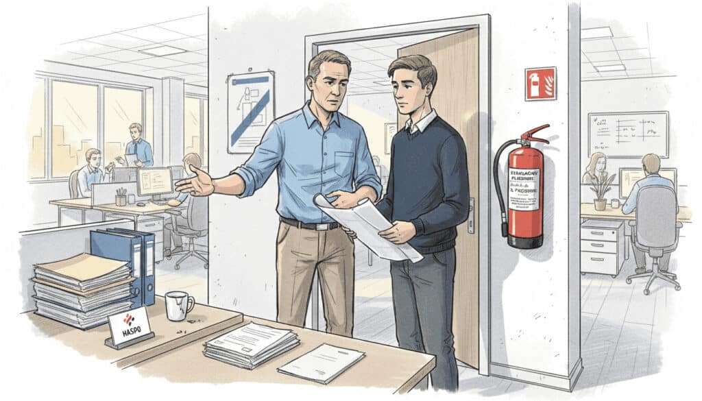 Správca budovy kontroluje hasičský prístroj v kancelárii.