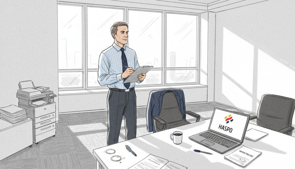 Office manažér kontroluje bezpečnostný zoznam v presvetlenej kancelárii.