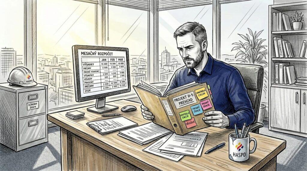 Manažér firmy si pri stole prezerá dokumenty týkajúce sa bezpečnosti a ochrany zdravia pri práci.