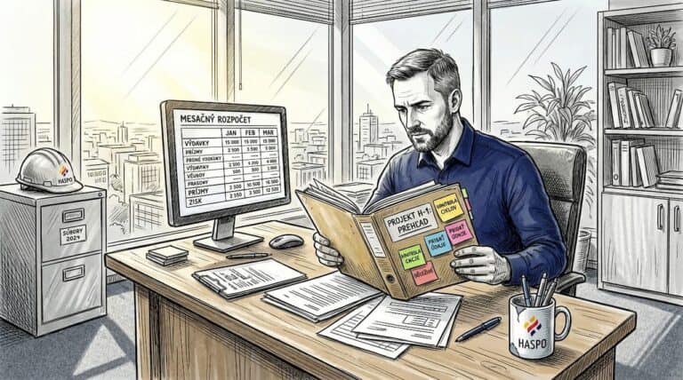 Manažér firmy si pri stole prezerá dokumenty týkajúce sa bezpečnosti a ochrany zdravia pri práci.