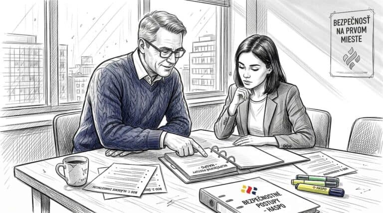 Vedúci so zamestnancom preberajú školenie o bezpečnosti pri práci.