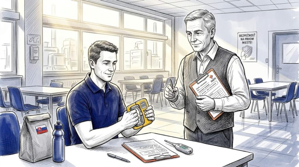 Odborník na bezpečnosť dohliada na meranie sily úchopu rúk.