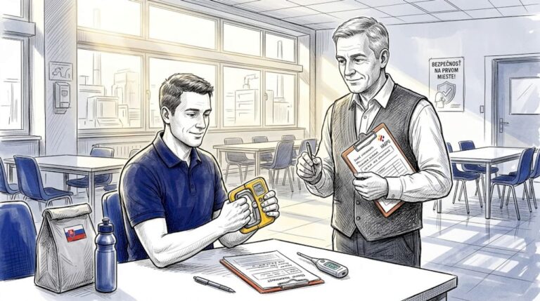 Odborník na bezpečnosť dohliada na meranie sily úchopu rúk.