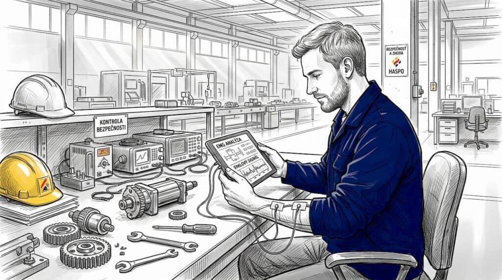 Zamestnanec sleduje, akú záťaž pôsobí práca na linke na jeho svaly.