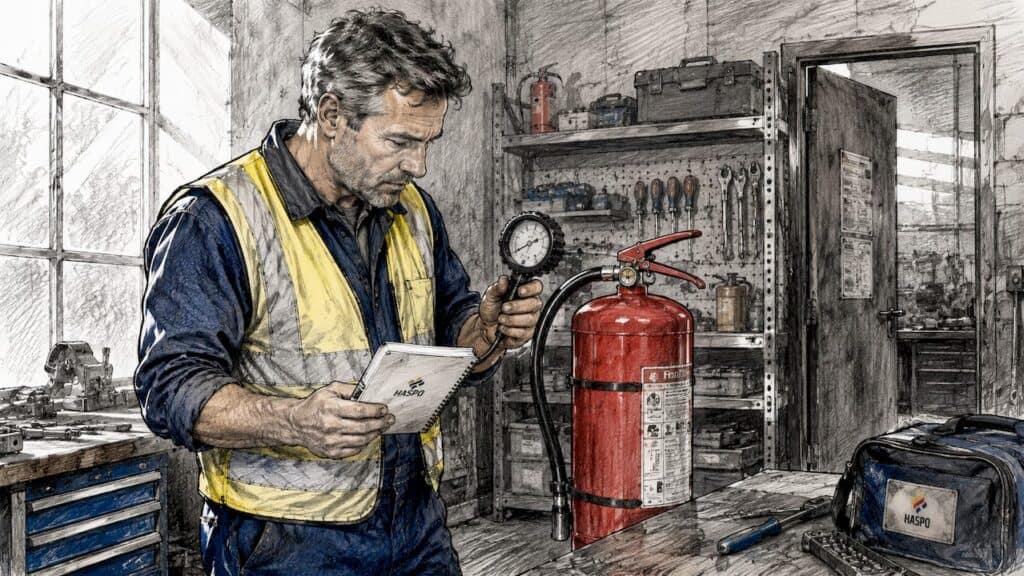 Technik kontroluje hasiaci prístroj na chodbe.